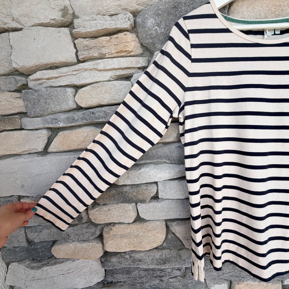 Boden Button Shoulder Breton Top Long Sleeve Navy Ivory Striped NWOT Size 10 - Picture 3 of 7